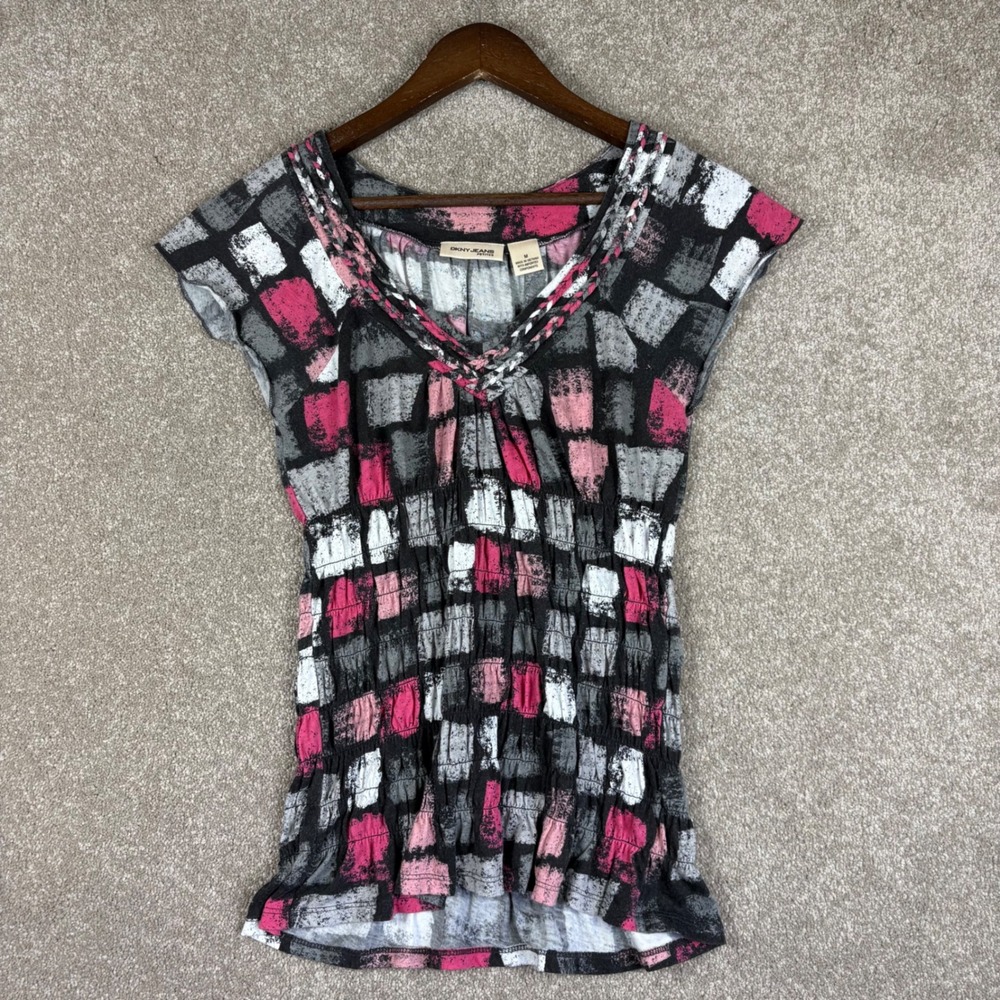 DKNY Jeans Petites Y2K Pink Grey Abstract Smocked Waist V-Neck Top Medium P